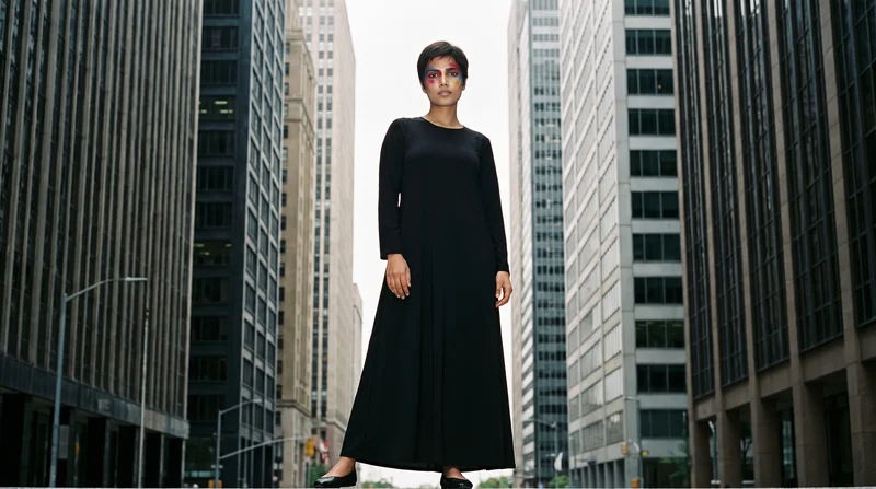 A 20-year-old Indian woman stands in a relaxed pose wearing a black classic abaya. She is shown in a full-body front view with a serious expression against a Financial District urban canyon backdrop.