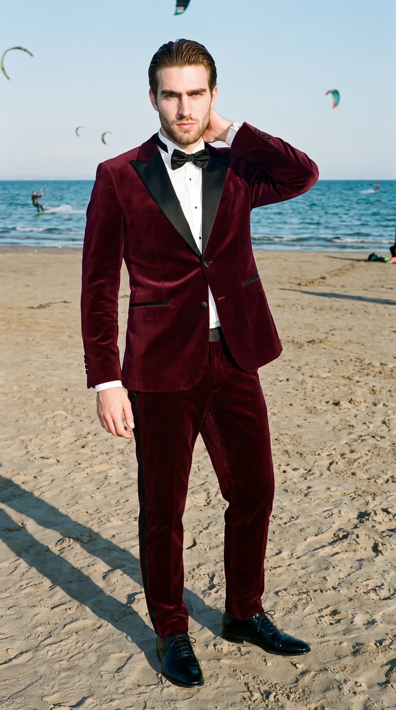 A 21-year-old Caucasian male model wears a burgundy velvet tuxedo in a full-body view from a front three-quarter angle. He poses with one hand behind his neck and a fierce facial expression, with a Kitesurfing Beach backdrop.
