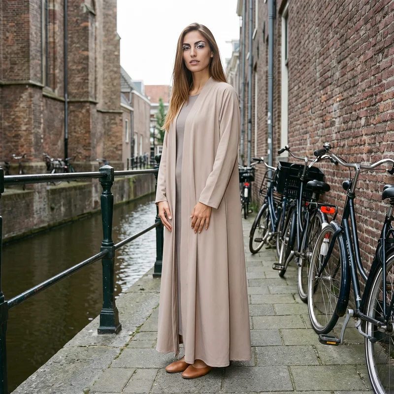 Beige Open-Front Abaya, Environmental at Three-quarter, Natural E-Commerce lighting
