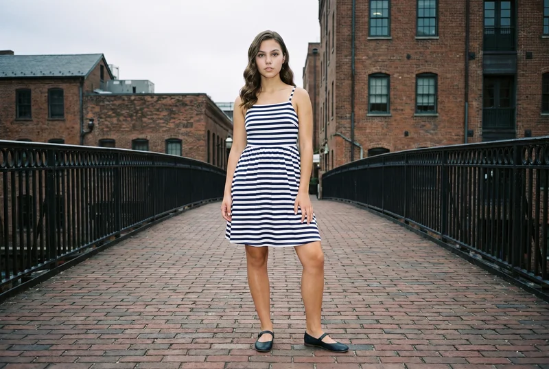 An 18-year-old Caucasian woman wears a striped sundress in a front-view environmental composition, standing with a waist twist and a confident expression. A bridge-framed urban view forms the backdrop.