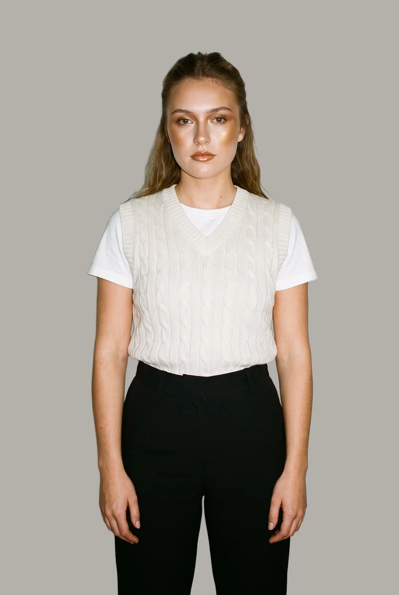 Women's Cream Cable-Knit Sweater Vest, Upper body at Front, Studio Cutout lighting