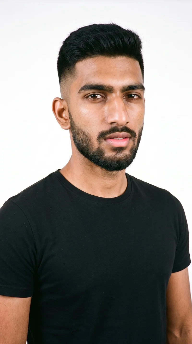 A 20-year-old Indian man with a South Asian appearance and copper-brown skin with a reddish-copper undertone. His Roman face shape has strong classical features, a prominent nose line, and a defined jaw. He has medium-thickness eyebrows, brown eyes, and full lips. His black hair is styled in a fade, longer on top and tapering to very short sides that blend down to the skin. A full, connected beard grows evenly across his cheeks, jaw, and chin.