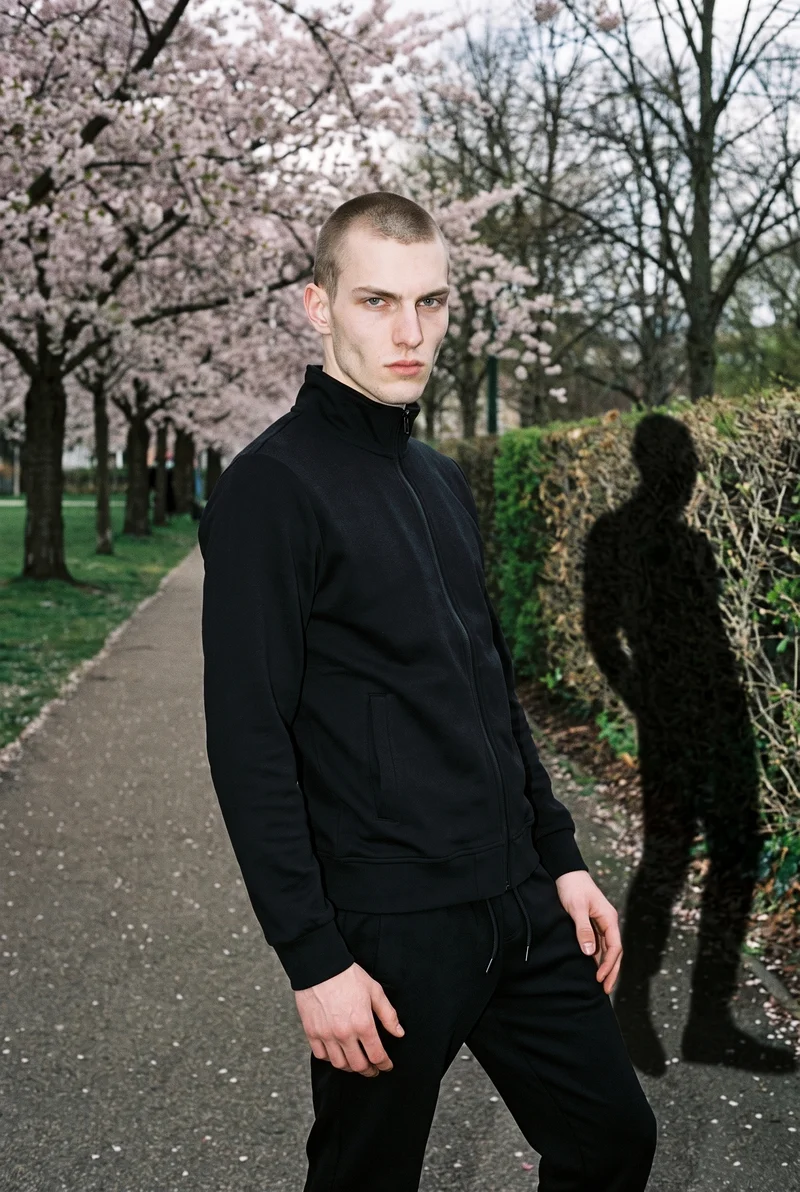 Men's Black Tracksuit, Three-quarter length at Three-quarter, Flash Editorial lighting