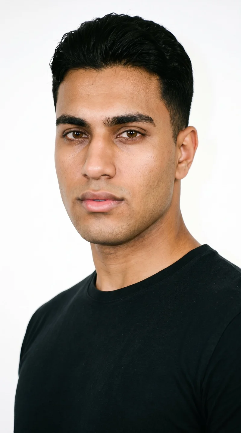 A 19-year-old Arab man with medium-brown skin and a warm golden undertone. His face has a triangle shape, with a wide jaw that narrows toward the forehead. He has medium-thick eyebrows, brown eyes, and full lips. His deep black hair is styled in a taper, gradually shortened at the sides and neckline while retaining length on top. He is clean-shaven, with smooth skin across the entire face.