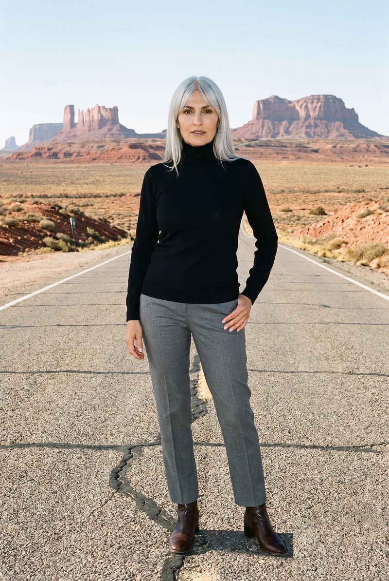 Women's Black Turtleneck, Full body at Front, Natural E-Commerce lighting