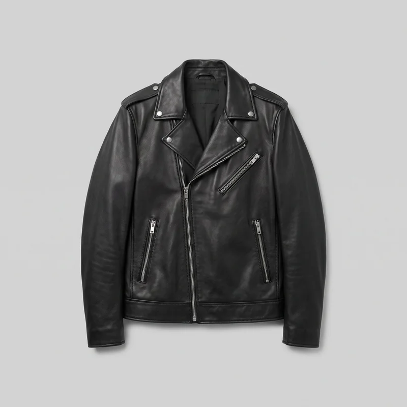 A mostly complete front view of a men's black leather biker jacket shown without a visible model. The jacket has broad notched lapels with snap hardware, shoulder epaulettes, long set-in sleeves, an asymmetrical front zipper, one diagonal zipped chest pocket, two vertical zipped waist pockets, and a straight cropped-to-hip hem with a wide bottom band.