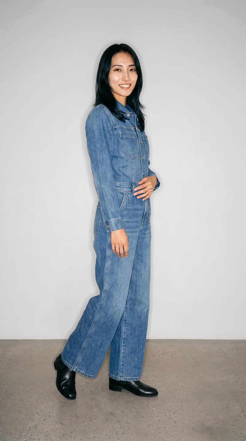 Women's Denim Boilersuit, Full body at Three-quarter, Natural E-Commerce lighting