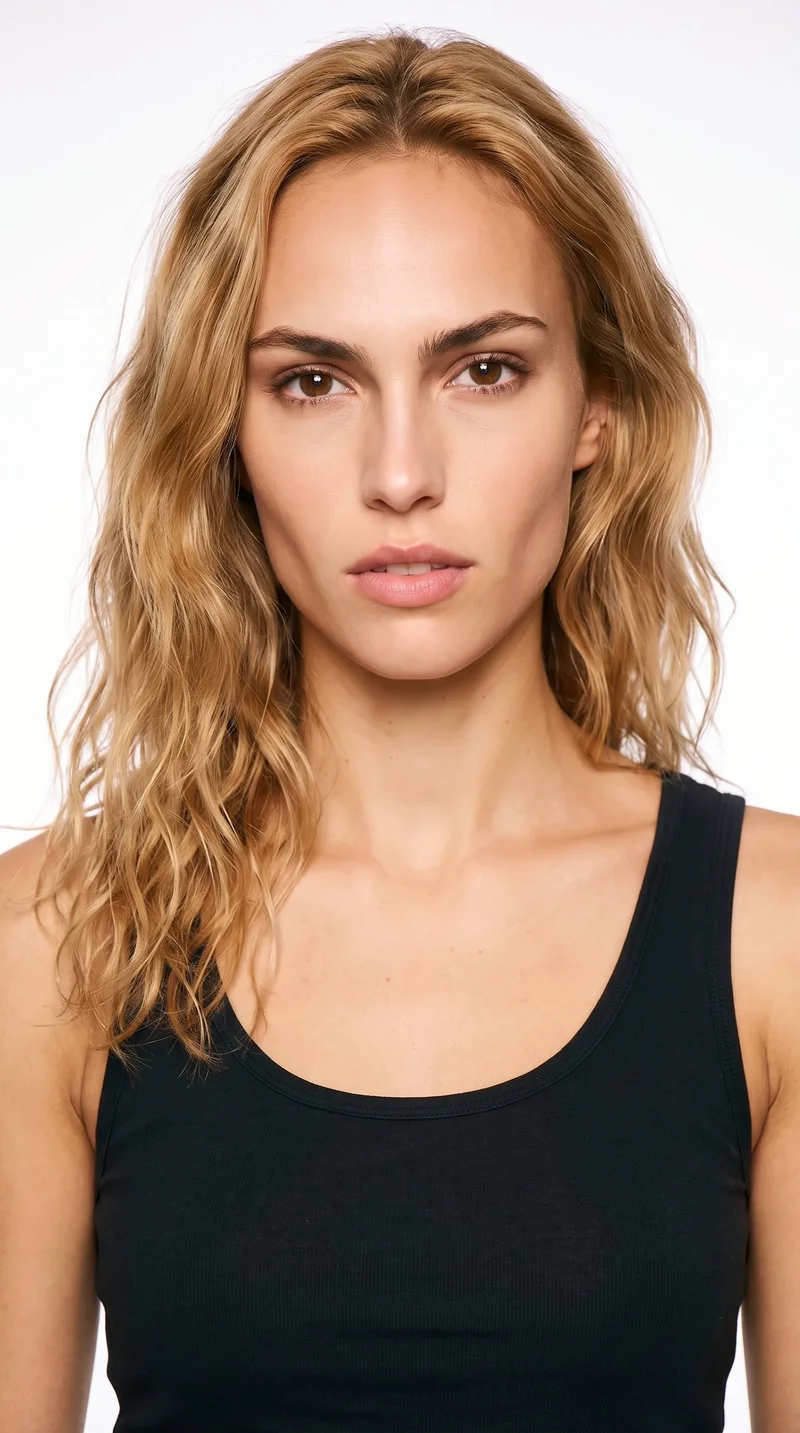 A 19-year-old Caucasian woman with medium olive skin and a peach undertone. Her face has an angular structure with sharp, defined cheekbones and jawline. She has thin eyebrows, brown eyes, and medium-sized lips. Her warm honey-blonde hair falls in loose, slightly tousled beach waves with natural volume.