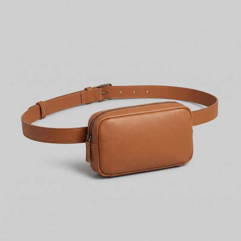 A tan leather belt bag is shown in a standalone three-quarter view. The rectangular pouch has rounded corners, a structured boxy shape, piped edges, side gussets, and a front panel. A top zipper with a metal pull and narrow tab is visible, along with a second zipper track along the top edge. The adjustable belt-style strap is looped around the pouch and includes a metal buckle, prong holes, keeper loops, edge stitching, and side attachment points.
