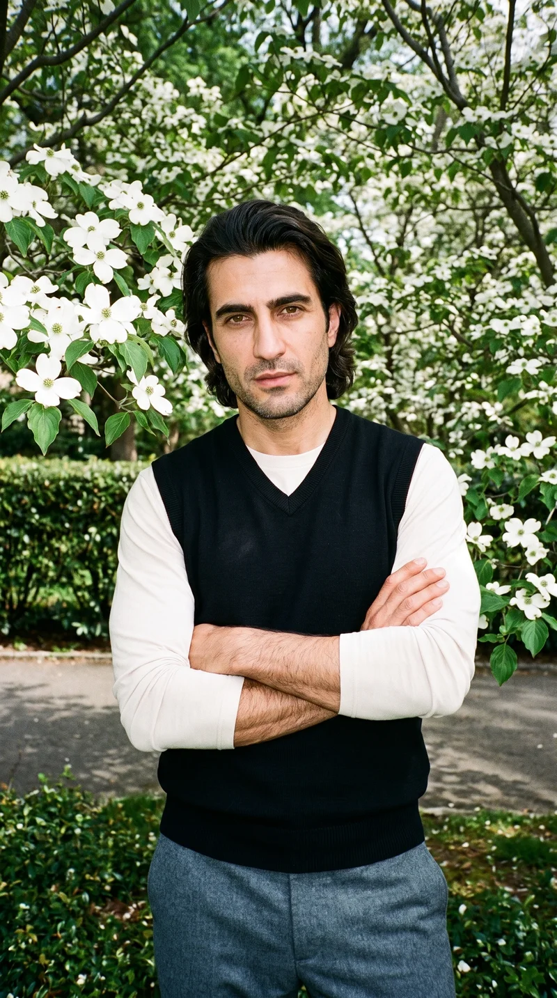 A 46-year-old Turkish man wears a men's black sweater vest in an upper-body view, shown from a front three-quarter angle with his arms crossed and a neutral expression. A dogwood tree grove forms the backdrop.
