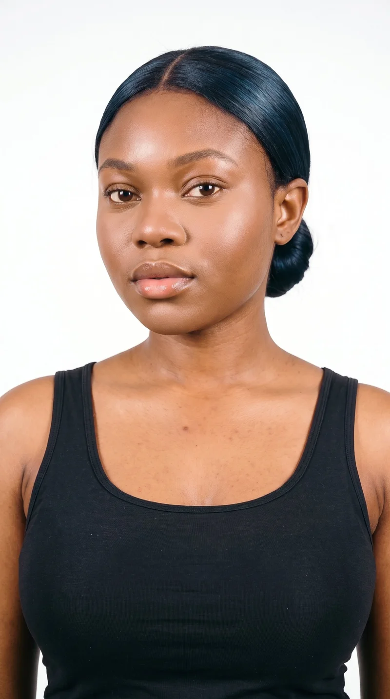 A 19-year-old African woman with medium-brown caramel skin and a neutral undertone. Her round face has soft, full contours with gentle curves and few angles, framed by medium-thickness eyebrows. She has very dark, near-black eyes and medium-sized lips. Her deep black hair is smoothed back into a neat bun at the nape.