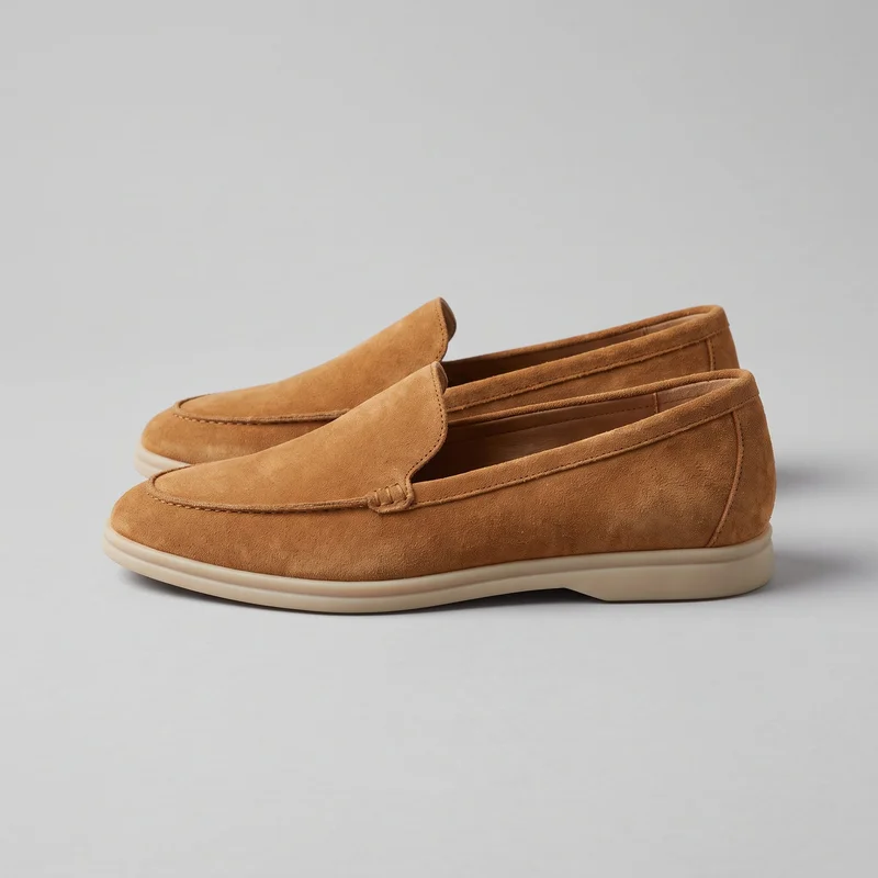 A pair of women's tan suede slip-on loafers is shown in a clear side-angled view, with one shoe mostly complete in front of the second. The loafers have rounded moc toes, apron-toe stitching, raised vamp panels, stitched side tabs, padded-looking toplines, low openings, heel seams, and plain flat soles with shallow heel lifts.