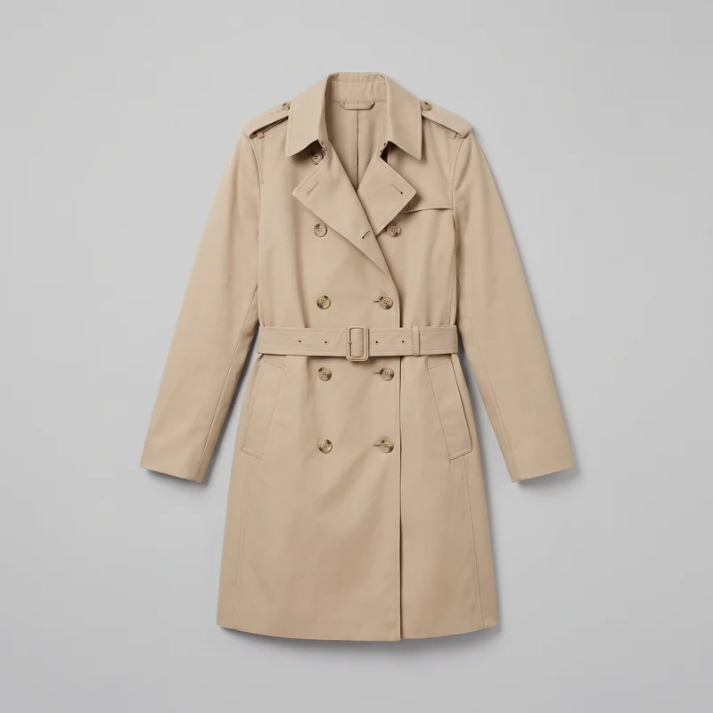 A complete front view of a women's stone cotton trench coat laid flat against a backdrop. The long tailored coat has a pointed collar, broad lapels, double-breasted button closure, shoulder epaulettes, a chest storm flap, angled welt pockets, long set-in sleeves, and a straight hem. A buckled belt passes through waist loops, and no logos, prints, patches, embroidery, or embellishments are visible.