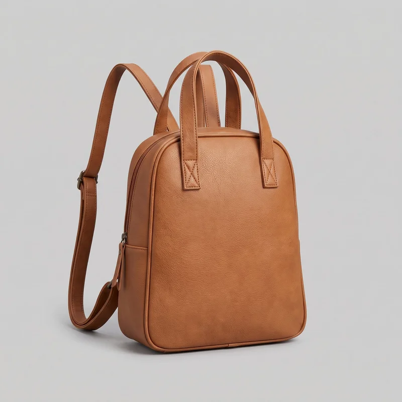 A tan women's mini backpack with a structured upright body, rounded top, flat front panel, and piped edging around the front and base. Two arched carry handles attach through rectangular tabs with box-X stitching, while shoulder straps, adjustable hardware, and metal strap fittings are visible at the sides. A side zipper with pull tabs and defined side-panel and base seams are also shown.