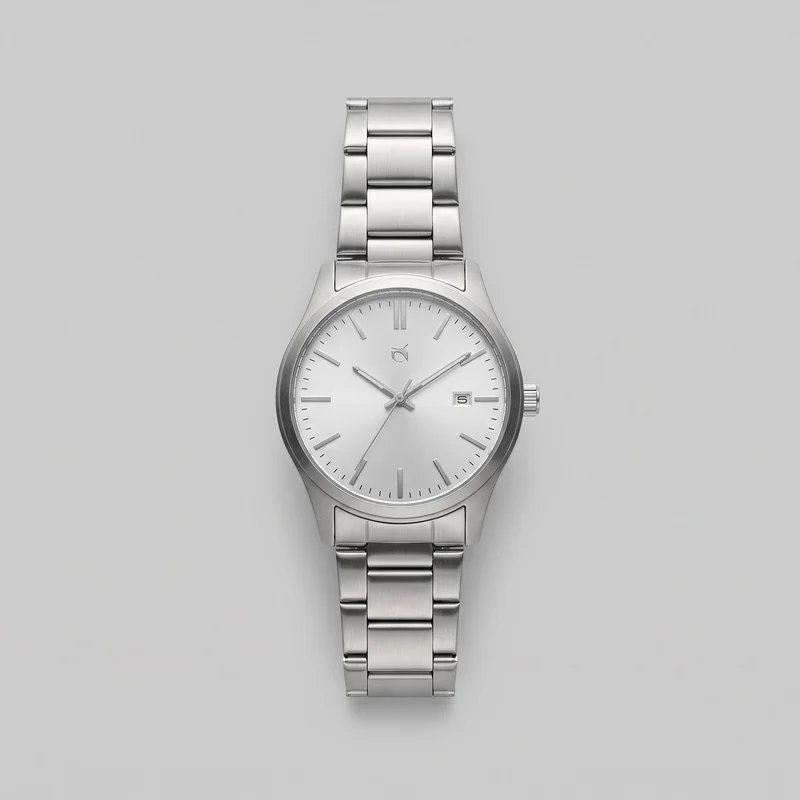 A complete front-facing view of a men's silver analog bracelet wristwatch. It has a round case with a smooth sloped bezel, integrated lugs, and a ridged crown at 3 o’clock. The dial features slim baton hour markers, fine minute ticks around the outer track, three central hands, a date window at 3 o’clock, and a small logo emblem below 12 o’clock. Most of the three-link bracelet is visible, with broad center links, narrower side links, visible gaps, and brushed and polished surfaces.