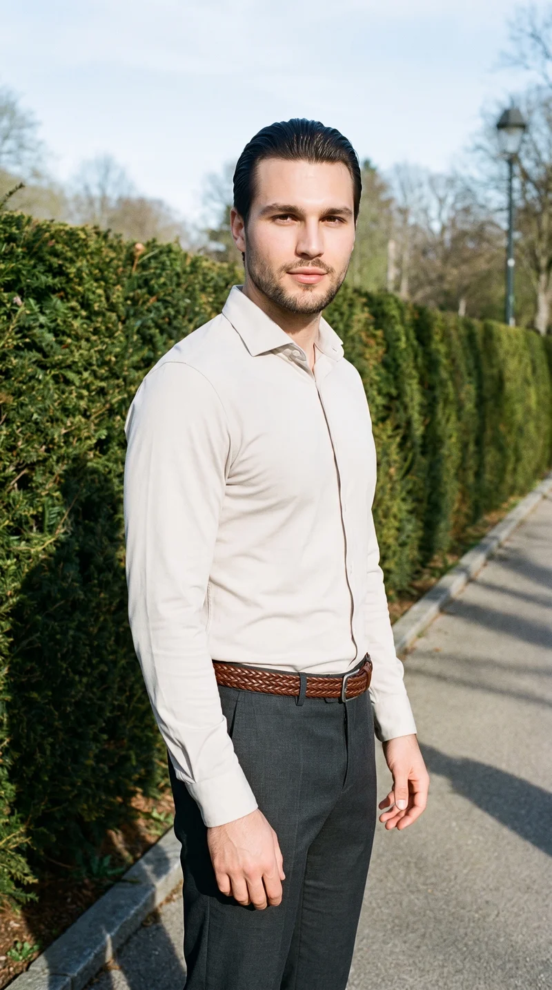 Men's Brown Braided Belt, Three-quarter length at Three-quarter, Flash Editorial lighting