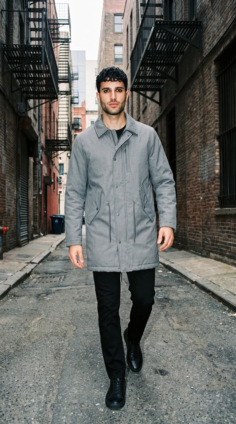 A 25-year-old Caucasian man is shown full body from the front while walking in a grey longline parka. The backdrop is a city alleyway.