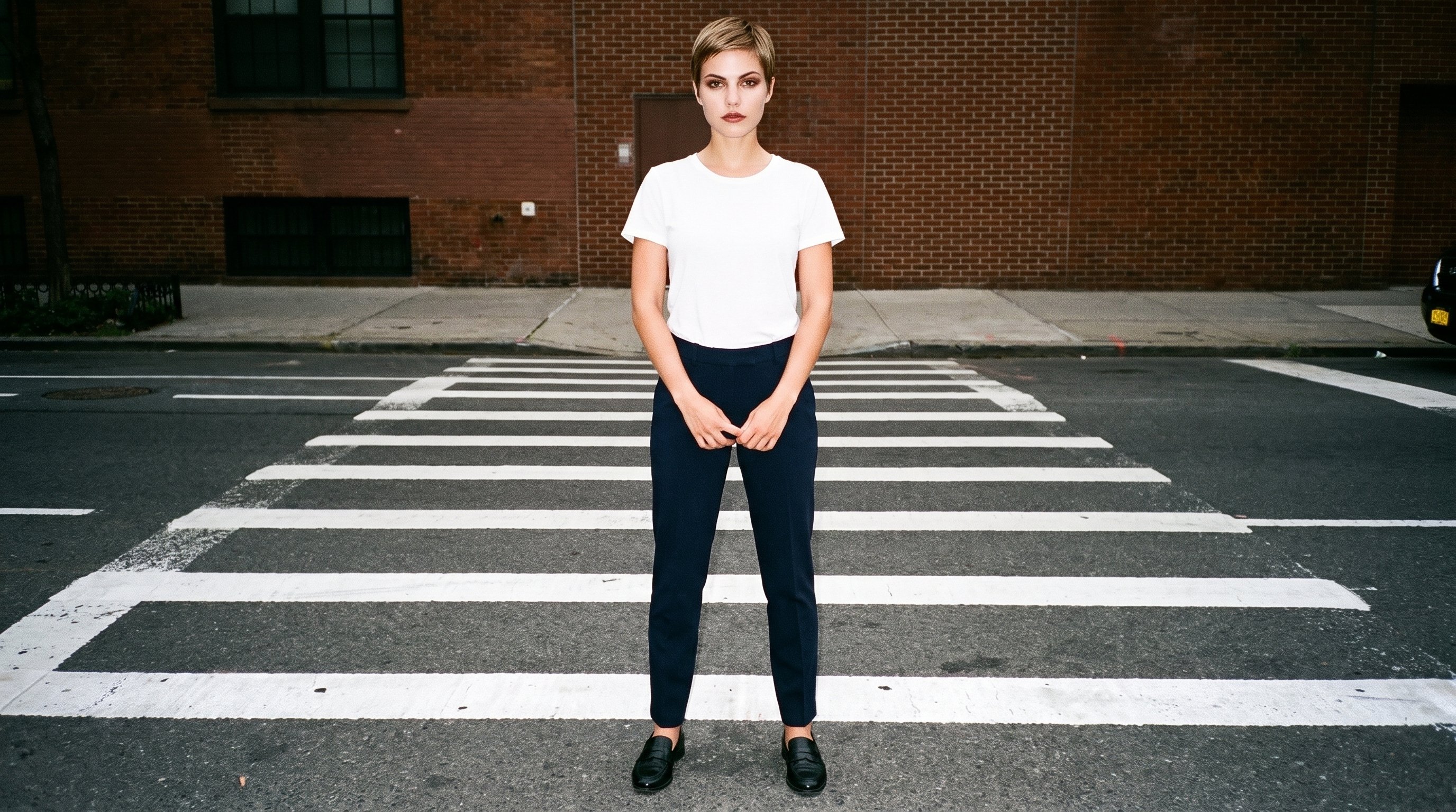 A 24-year-old Caucasian woman models navy wool suit trousers in a full-body front view, standing with her hands in front and a serious expression. A crosswalk intersection forms the backdrop.