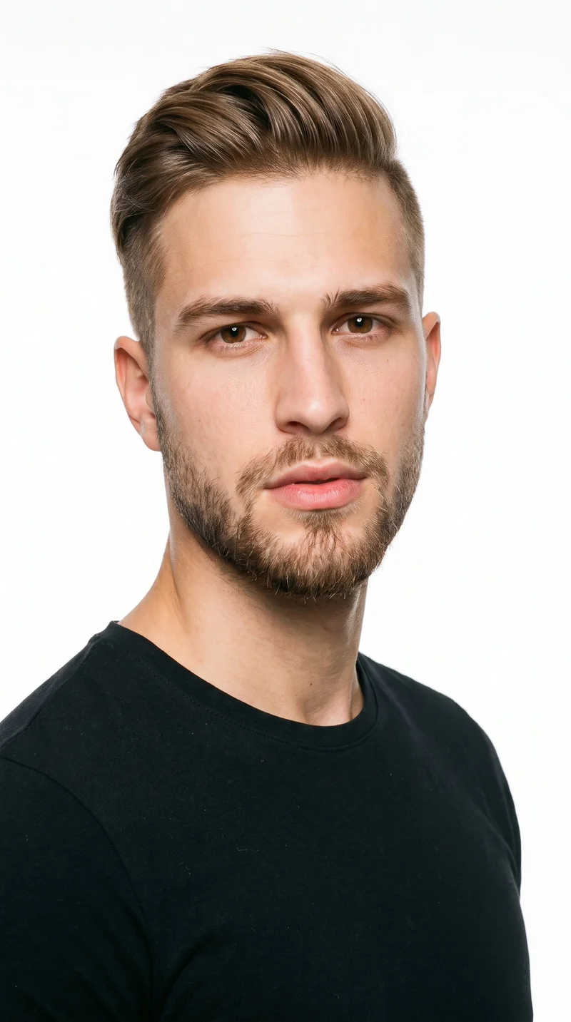 This 22-year-old Caucasian man has medium skin with an even warm-golden undertone. His face is triangular, with a broad jaw that narrows toward the forehead and emphasizes the lower face. He has medium-thick eyebrows, brown eyes, and full lips. His light-brown hair is styled in an undercut, with longer hair on top and markedly shorter sides and back. A connected moustache and rounded goatee form a circle beard around his mouth.