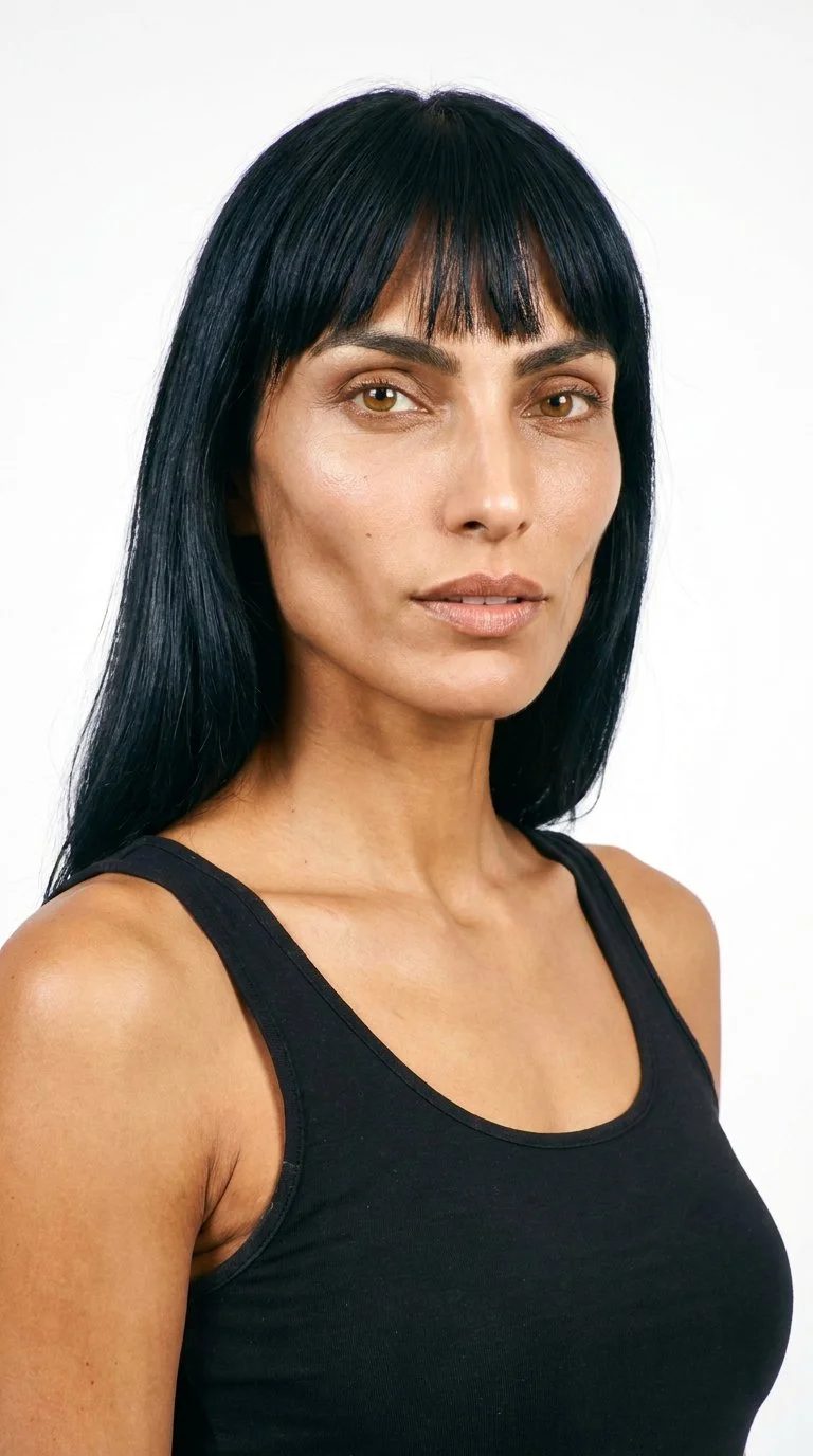 A 27-year-old Hispanic woman with medium-brown caramel skin and a neutral undertone. Her angular face has sharp, defined cheekbones and jawline, with medium-thickness eyebrows, amber eyes with golden coloring, and medium lips. Black hair falls across her forehead in bangs, framing the upper face.