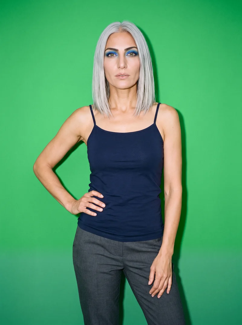 Navy Cami Top, Three-quarter length at Front, Natural E-Commerce lighting