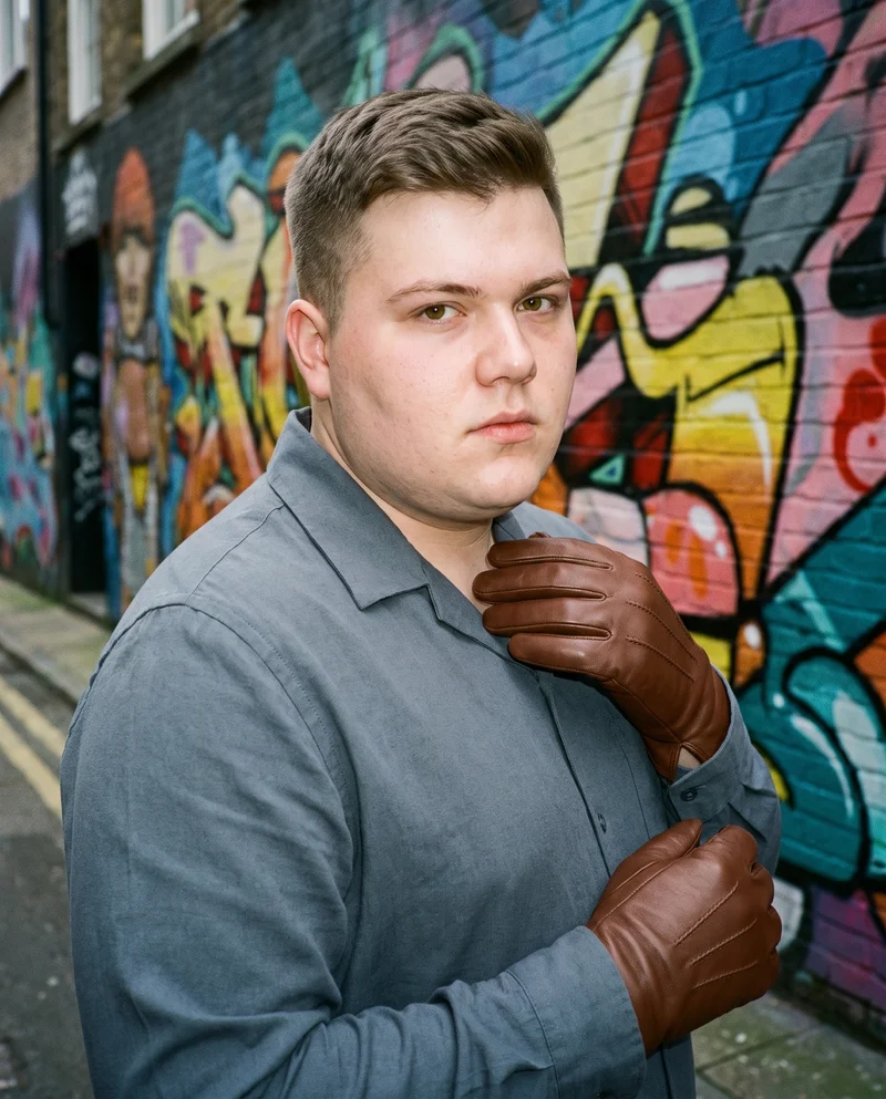 Men's Brown Leather Gloves, Upper body at Three-quarter, Clean Catalog lighting