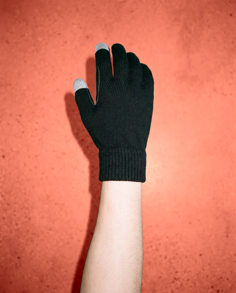 Men's Black Touchscreen Gloves, Hand and wrist at Top, Natural E-Commerce lighting