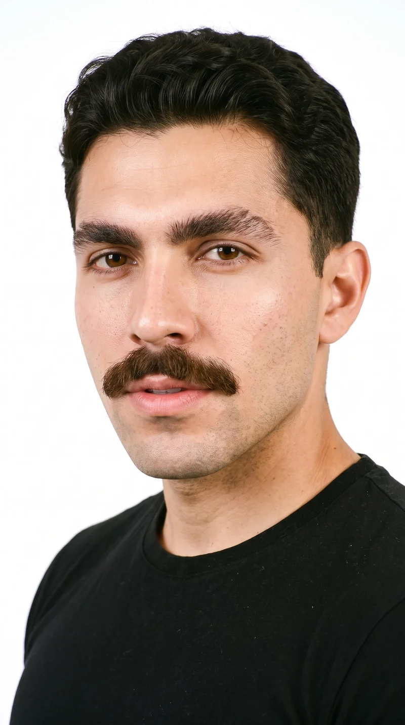 A 24-year-old Hispanic man with medium skin and a neutral undertone has a softly structured, refined face with even features. His medium-thickness eyebrows frame brown eyes, and his medium lips are partly covered by a full, bold chevron mustache that angles downward at the sides. His dark-brown hair is tapered, gradually shortening at the sides and neckline while retaining length on top.