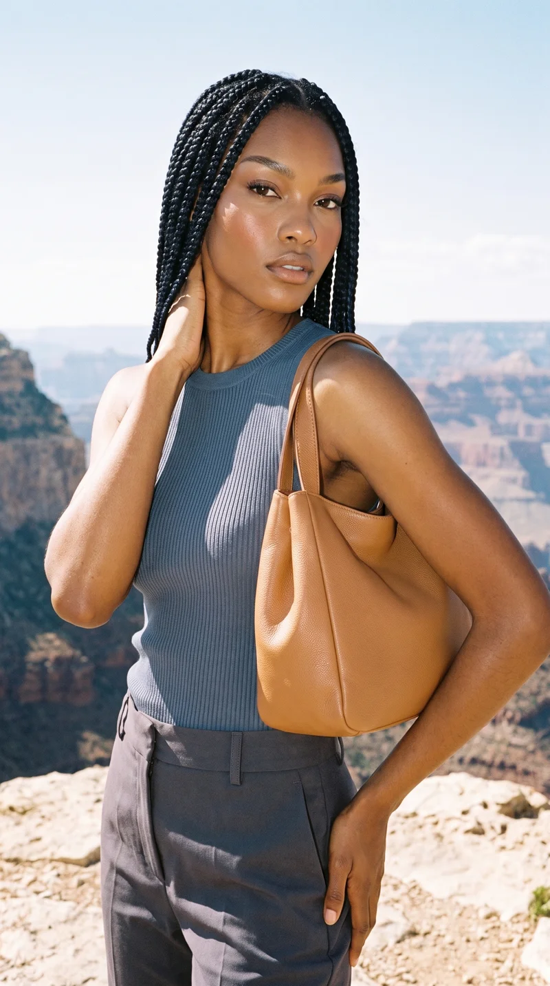 A 19-year-old African woman is shown from the upper body at a front three-quarter angle, wearing a tan slouchy shoulder bag. Her hand is positioned behind her neck, and she has a neutral expression. The Grand Canyon rim appears as the backdrop.