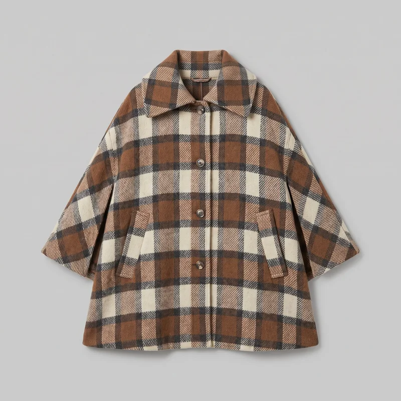 A standalone front-facing view of a checked wool poncho with a relaxed cape-style silhouette. It has a broad spread collar, centered button closure with a narrow placket, wide open cape sleeves with vertical side slits, and two low angled flap pockets. The coat features an all-over plaid pattern with diagonal twill-like striping within the checks.