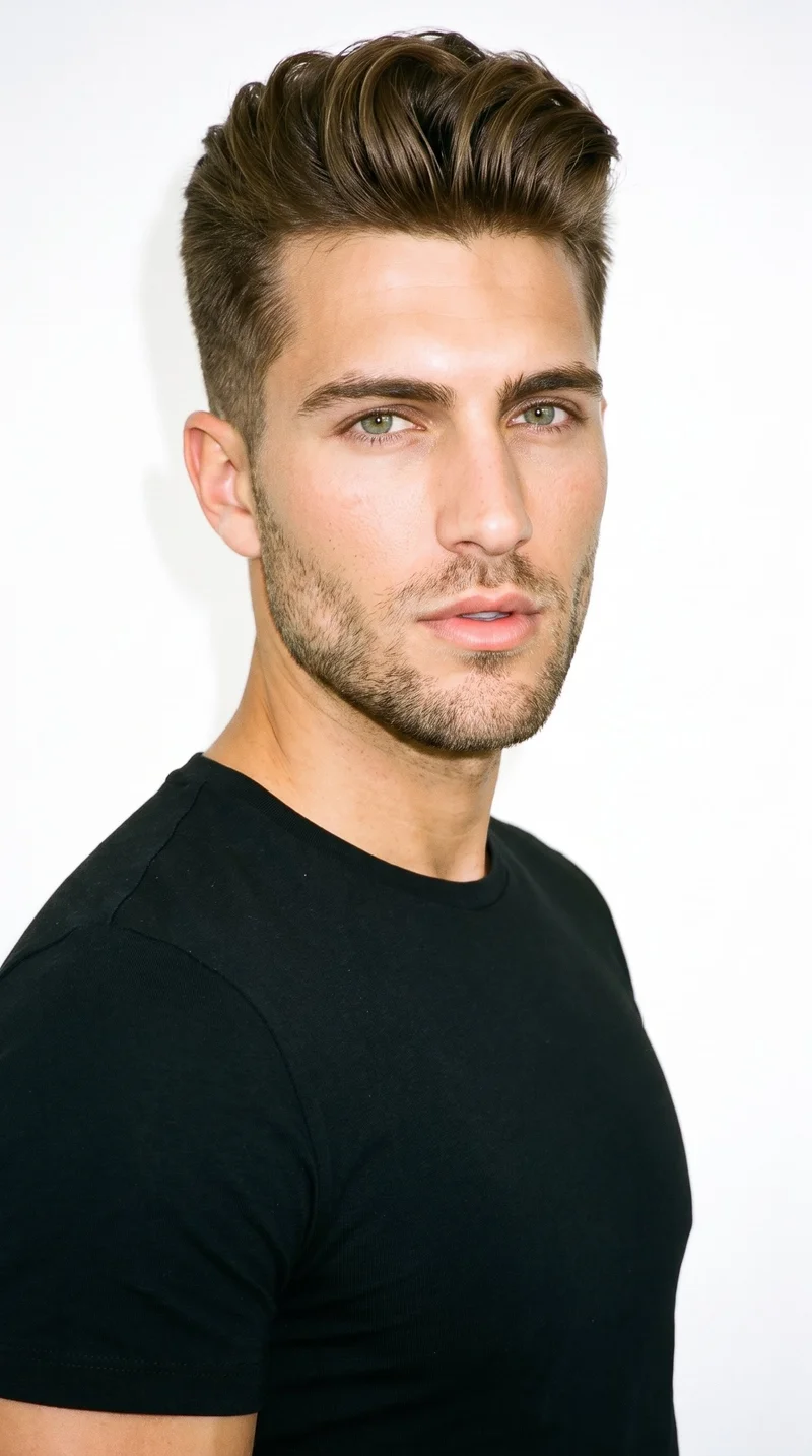 This 25-year-old Caucasian man has medium olive skin with a warm golden, greenish-golden undertone. His square face has a broad forehead and a strong, defined jaw, creating an angular, structured appearance. He has medium-thickness eyebrows, green eyes, and thin lips. His brown hair is styled up and back at the front for added height, with shorter sides. Short, even beard growth covers his face with a clearly visible, closely groomed texture.