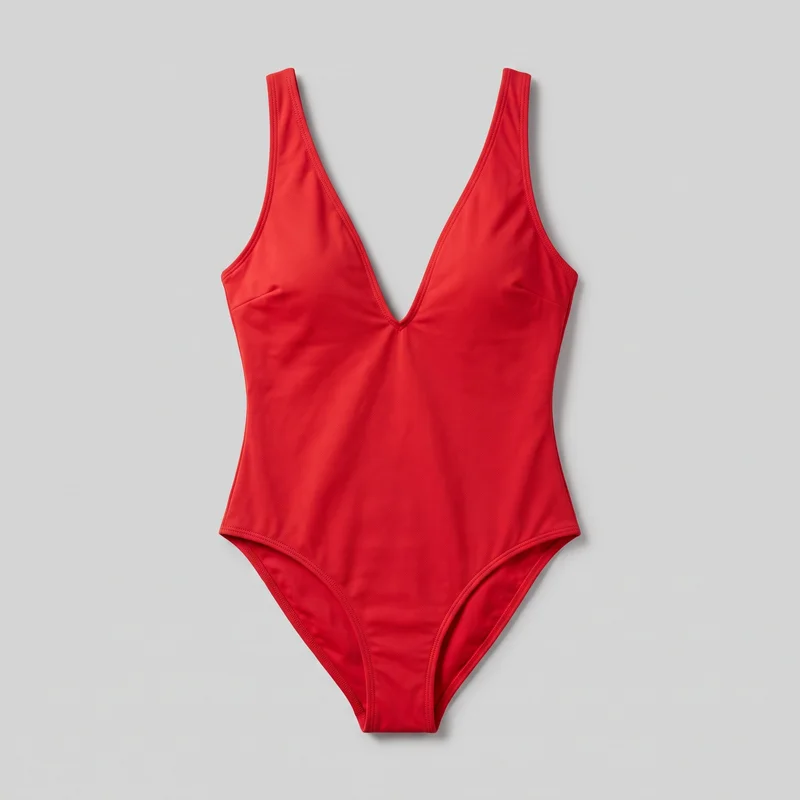 A red women's one-piece swimsuit is shown in a complete flat-lay front view. It has a close-fitting silhouette, deep plunging V neckline, wide fixed shoulder straps, sleeveless cut, high-cut leg openings, and a narrow lower brief section. Bound trim outlines the straps, neckline, arm openings, leg openings, and bottom opening, with subtle shaping seams at the lower sides of the cups and a small gathered point at the center front.