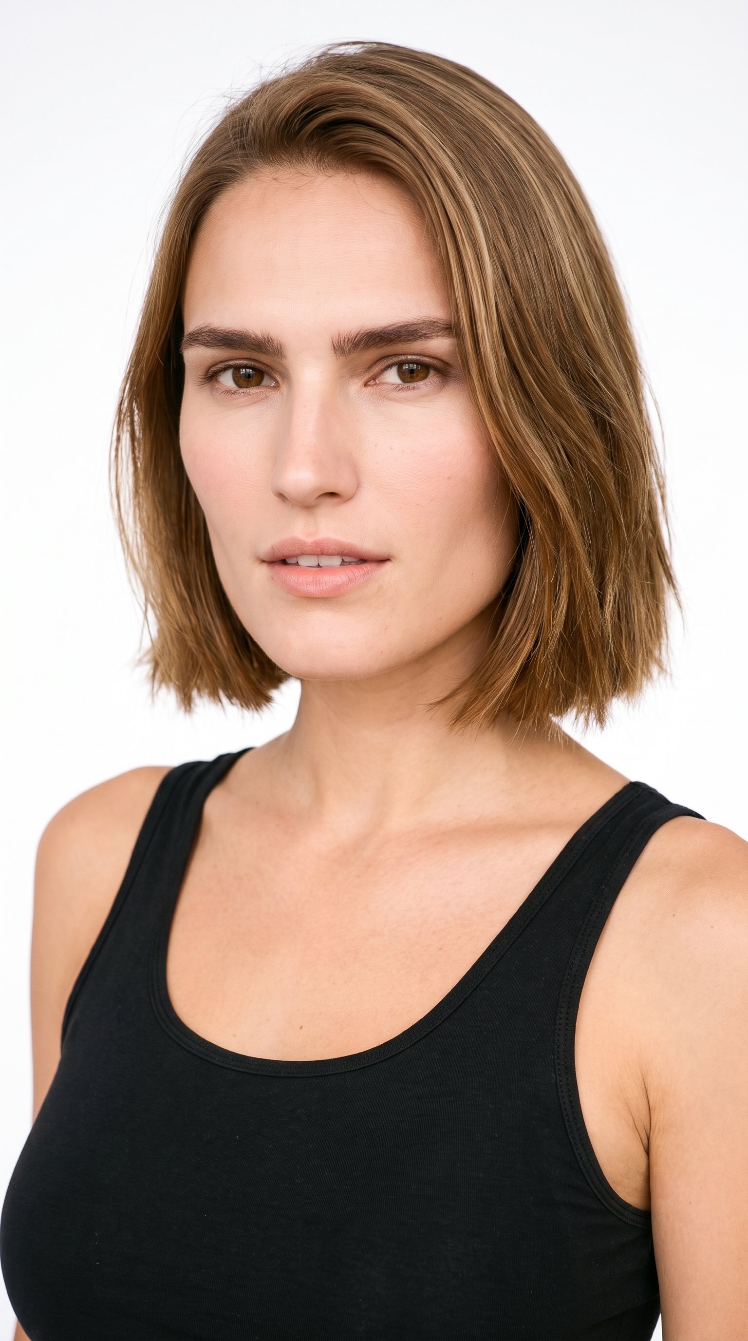A 26-year-old Caucasian woman with a lightly tanned fair complexion and peach undertone. Her square face has a broad forehead and a strong, defined jaw, creating an angular, structured appearance. She has thick eyebrows, brown eyes, and thin lips. Her light-brown hair is cut in an even bob reaching from jaw to chin length.