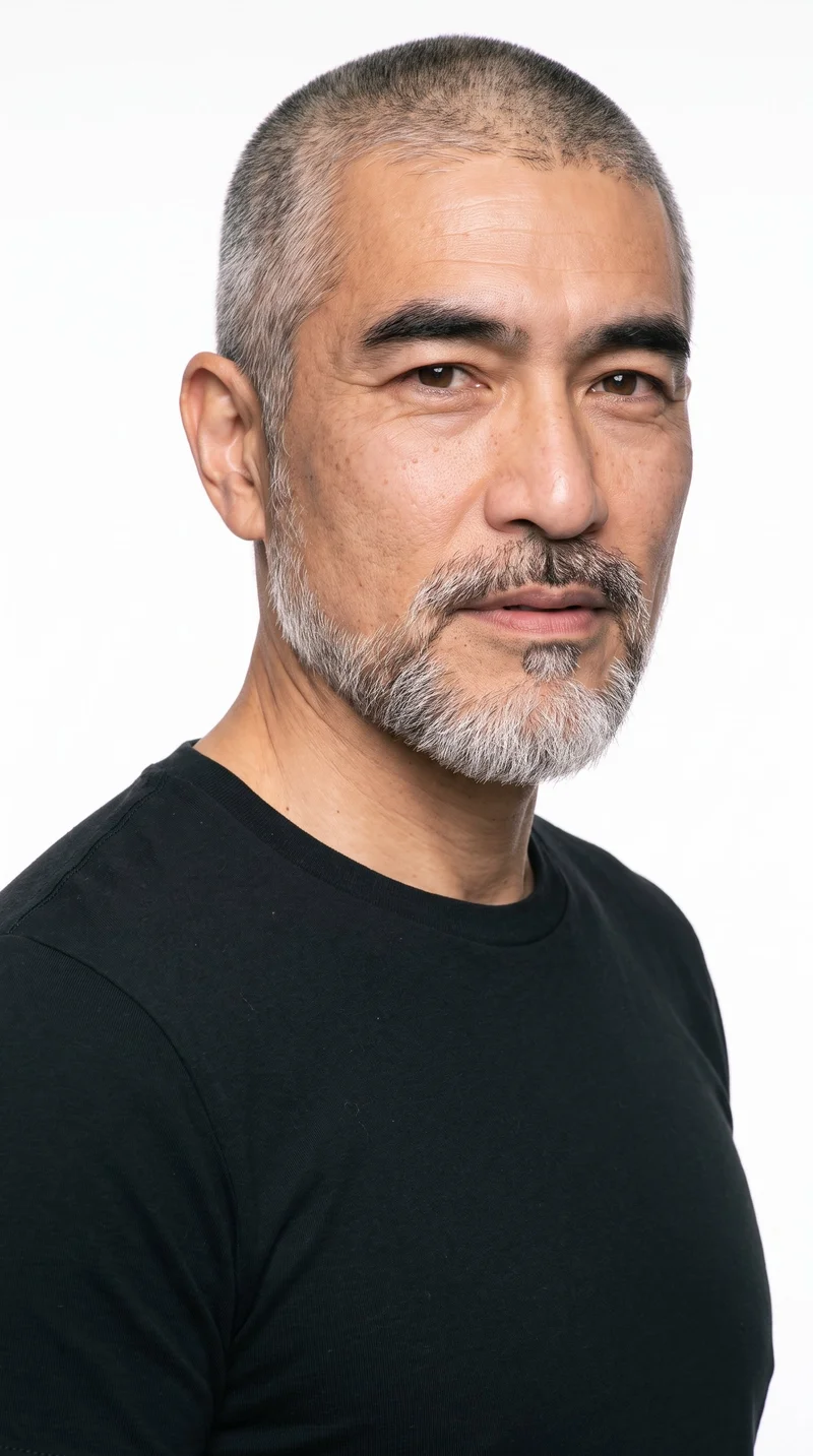 A 50-year-old Japanese man with East Asian facial features and lightly tanned skin with a cool undertone. His weathered face has strong definition, thick eyebrows, brown eyes, and medium-sized lips. His gray hair is clipped very short in an even buzz cut, and he has a short, full beard trimmed evenly with clean cheek and neckline edges.
