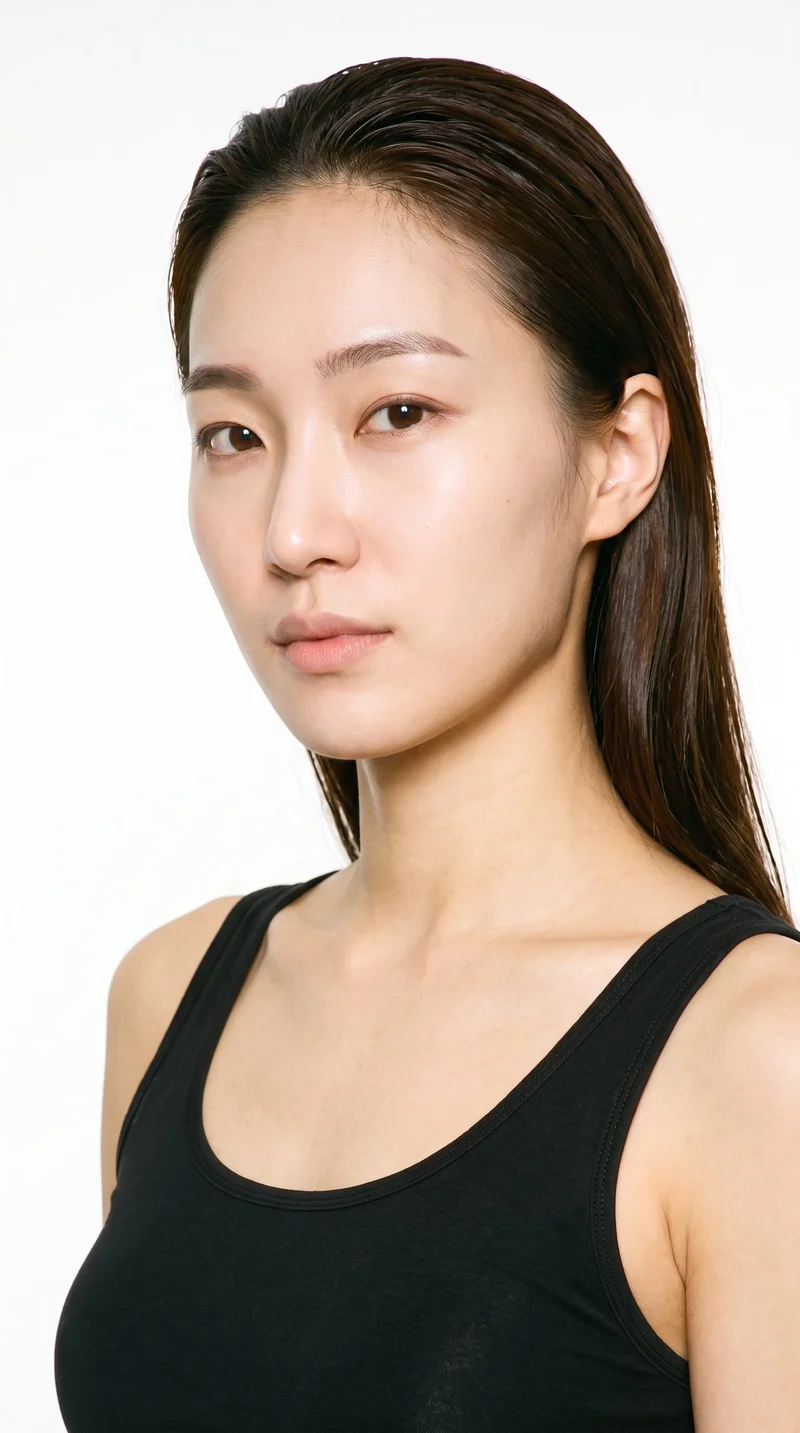 A 26-year-old Korean woman with fair skin and a warm yellow undertone. Her face has an oval shape with balanced proportions and a softly rounded jaw. She has medium-thickness eyebrows, brown eyes, and thin lips. Her dark-brown hair is combed flat and back close to the head.