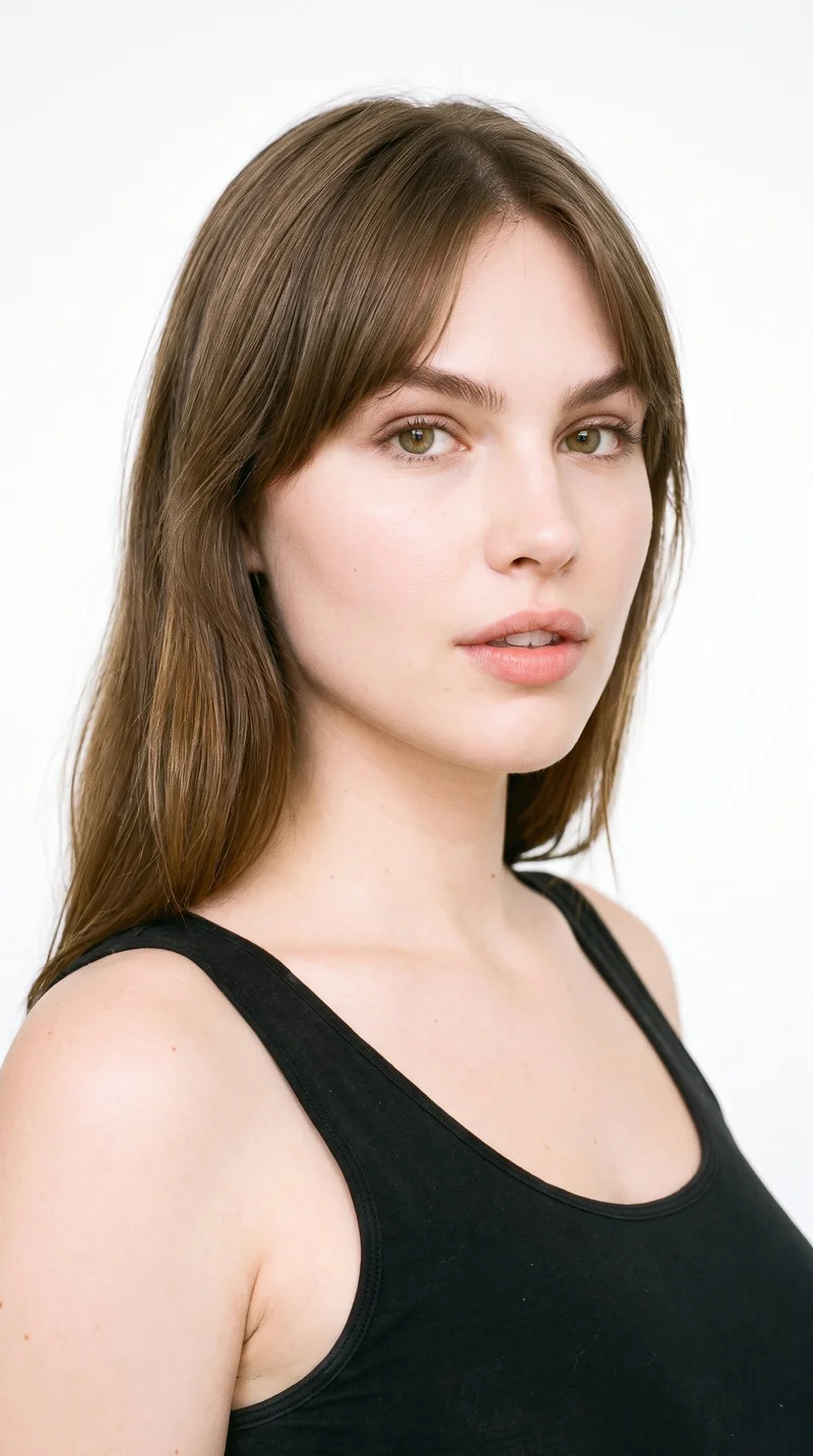 A 22-year-old Slavic woman with fair skin and a peach undertone. Her heart-shaped face has a wider forehead that narrows to a more pointed chin. She has thick eyebrows, green eyes, and full lips. Her brown hair is styled with longer, center-parted curtain bangs that frame both sides of her face.