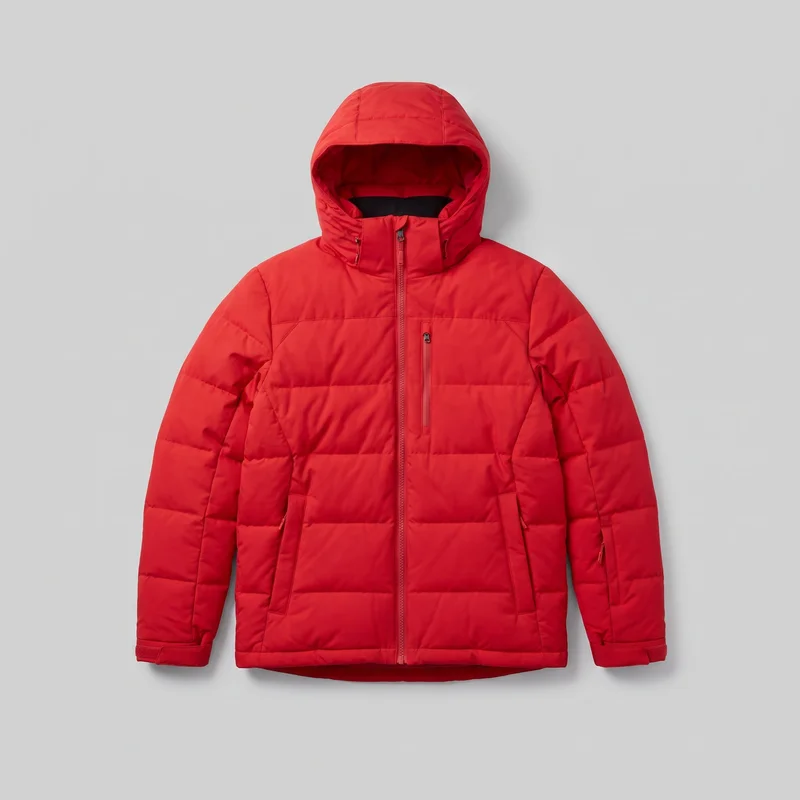 A men's red insulated ski jacket is shown laid flat in a mostly complete front view. The hip-length hooded puffer jacket has long sleeves, horizontal quilting across the torso and sleeves, a full-length center zipper with a protective chin area, and an attached hood over a high stand collar. Visible details include two lower front zip pockets, a vertical zip chest pocket, a small zip pocket near the lower sleeve, and adjustable tab closures at the cuffs.