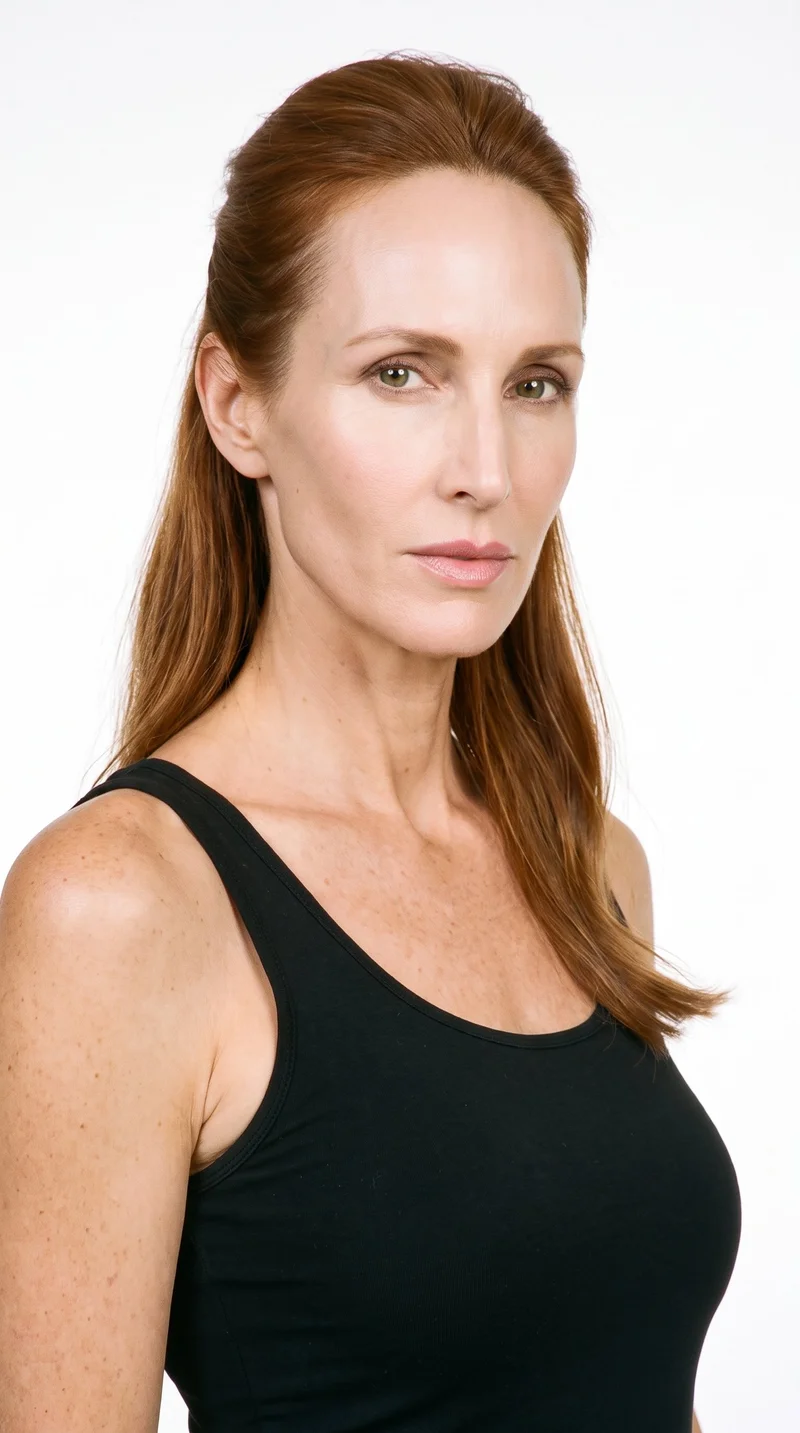 A 54-year-old Caucasian woman with lightly tanned fair skin and a peach undertone. Her face is longer than it is wide, with a tall forehead and elongated cheeks. She has thick eyebrows, green eyes, and full lips. Her warm reddish-brown auburn hair is styled half up, with the upper section pulled back and the lower lengths hanging loose.
