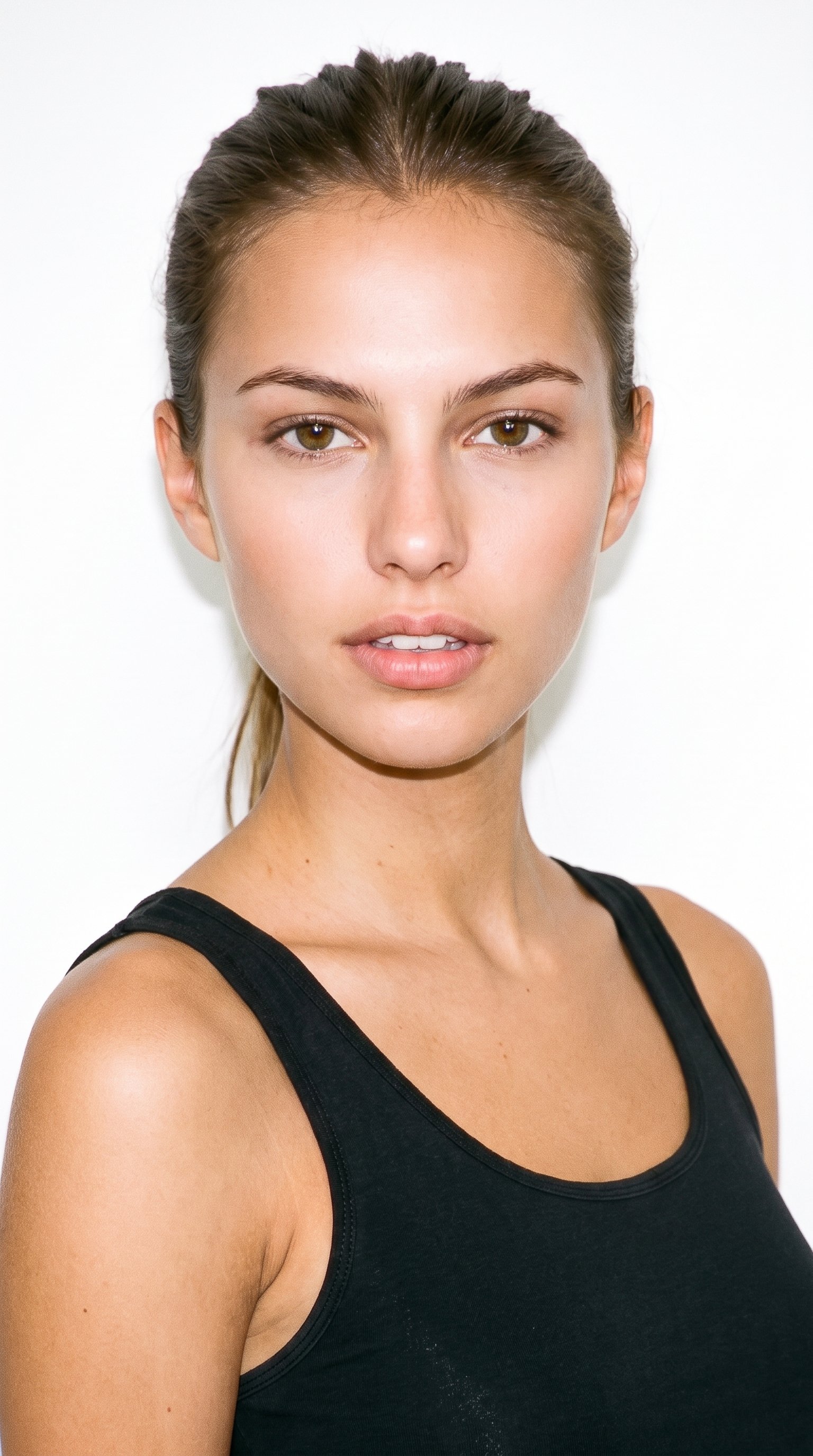 This 21-year-old Caucasian woman has lightly tanned fair skin with a neutral undertone. Her triangular face has a wide jaw that narrows toward the forehead, emphasizing the lower face. She has thin eyebrows, hazel eyes with green-gold flecks, and thin lips. Her medium-brown hair is tied back into a ponytail with a single longer length falling behind her.