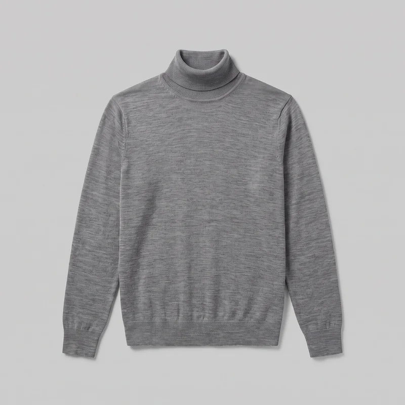 A standalone front view shows a full grey merino pullover turtleneck sweater laid flat. It has a high fold-over neckline, long sleeves, a regular straight silhouette, smooth fine-knit fabric, and ribbed construction at the neck, cuffs, and straight bottom hem.