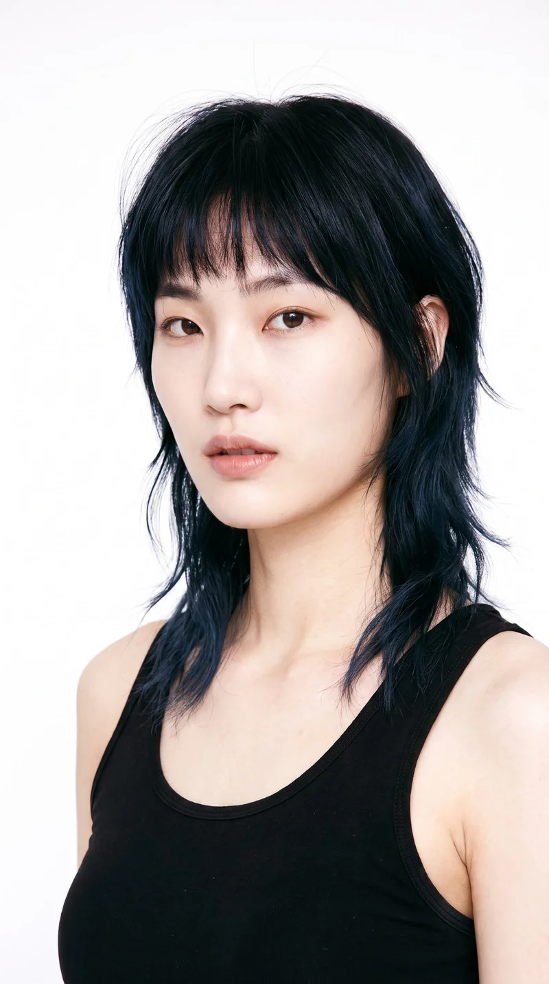 A 27-year-old Korean woman with East Asian facial features, porcelain skin with a cool undertone, and a triangle-shaped face defined by a wide jaw that narrows toward the forehead. She has thick eyebrows, brown eyes, medium lips, and black hair in a layered wolf cut with volume at the crown and tapered, textured lengths.