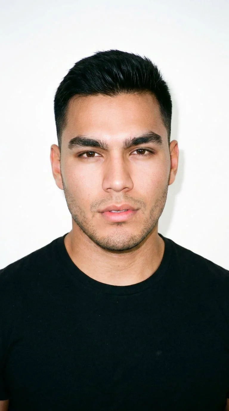 An 18-year-old Indigenous American male with medium olive skin and a red-copper, greenish-golden undertone. His face has smooth, even, softer features in a refined balance, with thick eyebrows, very dark near-black eyes, and medium lips. He wears a short, tapered black crew cut that is slightly longer on top than at the sides. Very short facial-hair growth creates a faint, even shadow across the beard area.