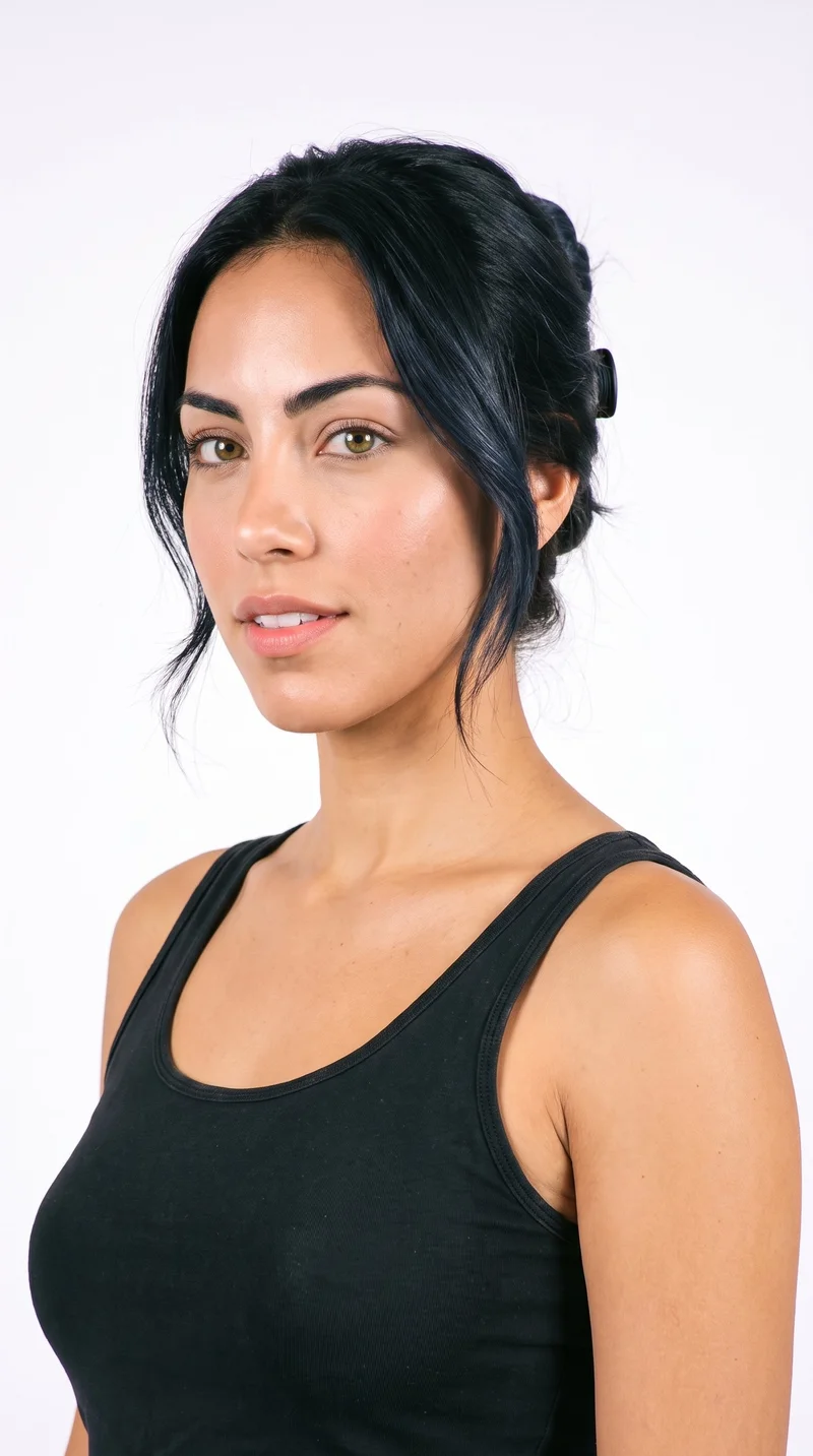 A 25-year-old Hispanic woman with lightly tanned skin and a warm golden undertone. Her heart-shaped face has a wider forehead that narrows to a more pointed chin. She has medium-thickness eyebrows, green eyes, and medium-sized lips. Her deep black hair is twisted up and secured with a claw clip, with relaxed ends.