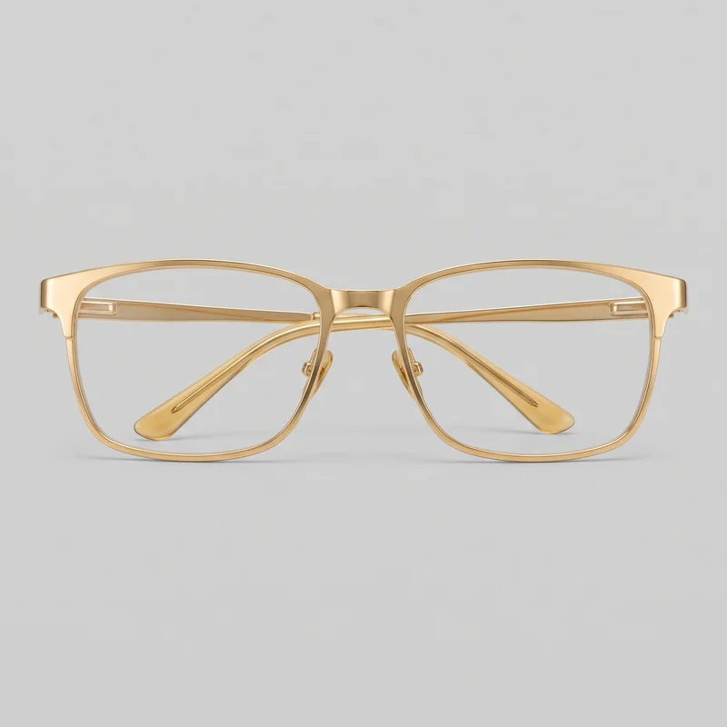 A complete pair of gold metal full-rim eyeglasses is shown straight on, with squared rectangular lenses, gently rounded lower corners, and a shallow arched brow line. The frame has thicker upper outer corners tapering to slim lens rims, a molded bridge with an open lower cutout, visible nose pads on short arms, and temples folded or angled behind the lenses with curved paddle-style ear tips.
