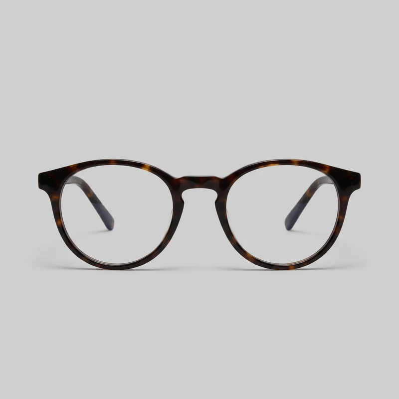 A complete standalone front view of round full-rim blue-light eyeglasses. Both clear lenses, the keyhole-style bridge, slightly raised outer brow corners, and temples hinged at the upper outer corners are visible, with the temples angling back and curving inward at the tips. No nose pads, decorative hardware, logos, prints, patches, embroidery, or embellishments are visible.