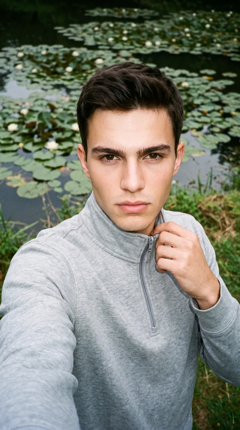 An 18-year-old Caucasian man wears a grey quarter-zip in a front-view, over-the-shoulder selfie. His fierce expression is visible against a lily pond backdrop.