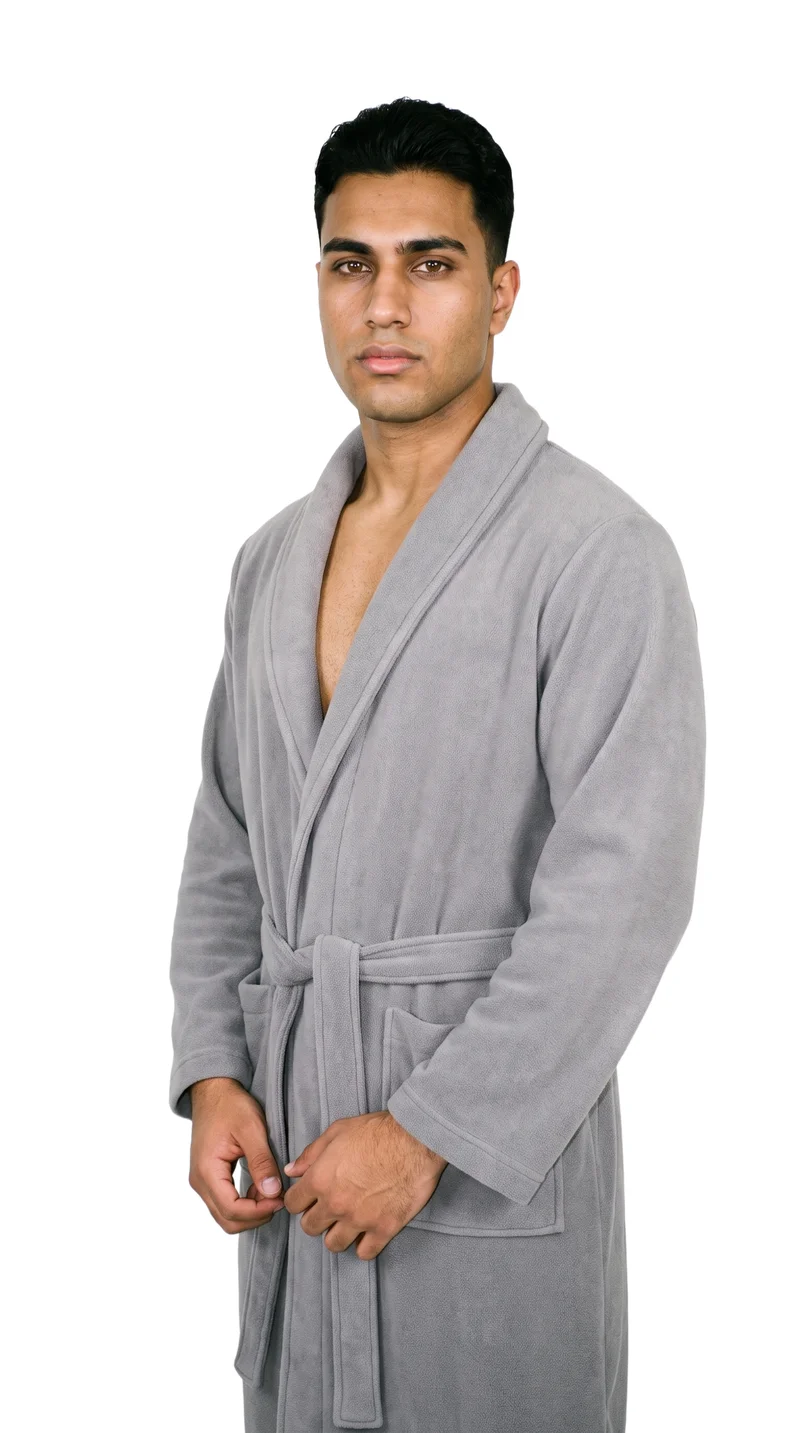 Men's Grey Fleece Robe, Three-quarter length at Three-quarter, Studio Cutout lighting