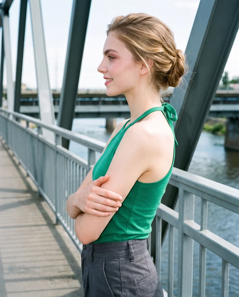 An 18-year-old Caucasian woman wears an emerald green halter top in a three-quarter-length side view. She is smiling and holding herself in a self-hug pose, with a bridge pedestrian backdrop.