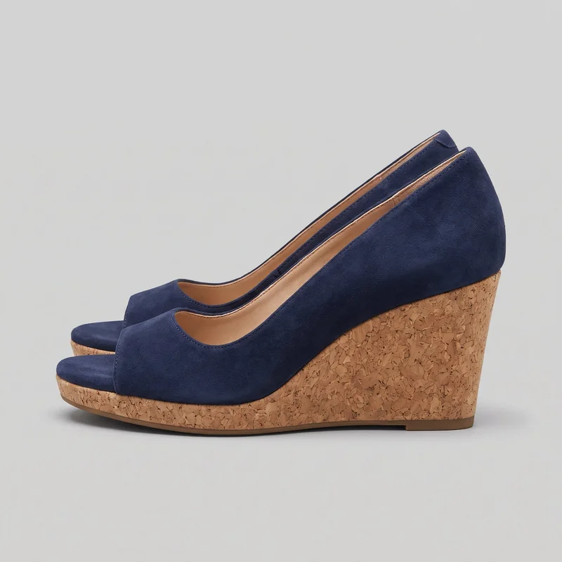 A pair of navy women's peep-toe wedge pumps is shown in a standalone side view. The shoes have closed backs, low-cut toplines, slip-on construction, visible edge stitching around the openings and toe cutouts, and high continuous cork-textured wedge platforms with raised forefoot platforms and thin outsole edges.