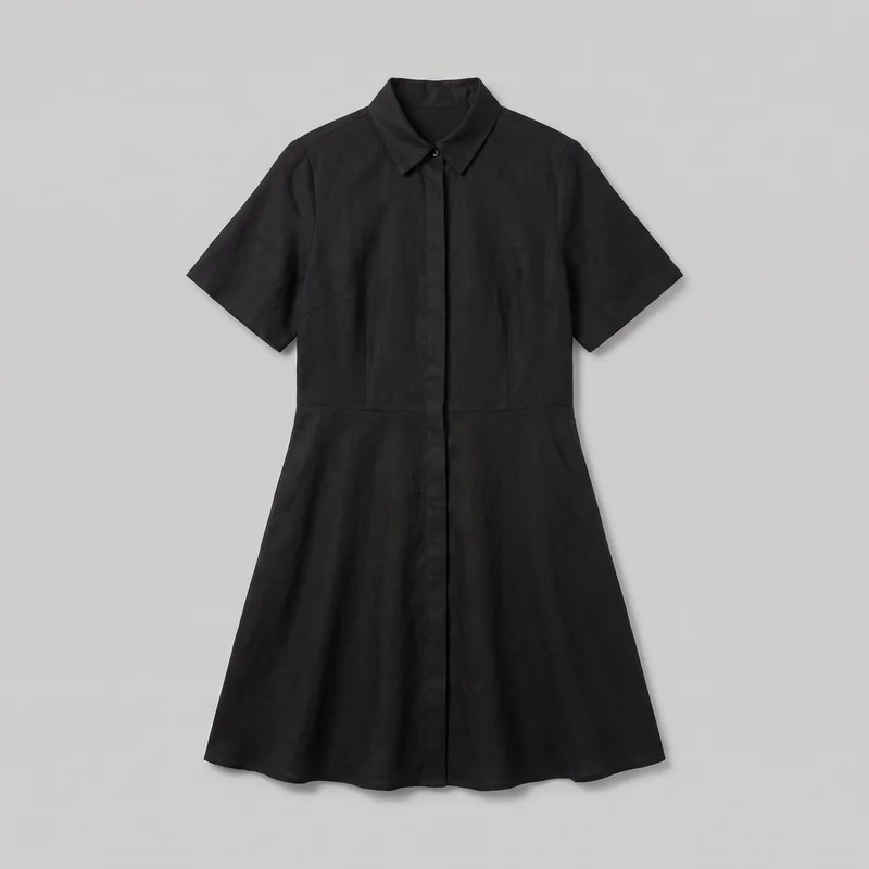 A black short-sleeve shirt dress is shown alone in a full front view. It has a pointed fold-over collar, a center-front button placket with a visible top button and concealed lower placket, a defined horizontal waist seam, vertical shaping seams through the bodice, and a flared A-line skirt with a gently curved hem.